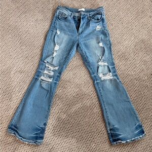 Trendy Distressed Light Blue Flare Jeans